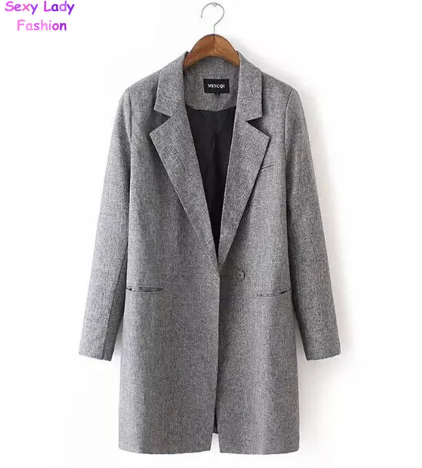 Lapel Collar Long Sleeve Loose Long Blazer Long Suit OL Jacket Coat