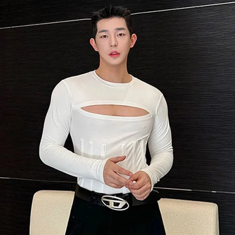 Male T-shirt Personality Close-fitting Hollow Out Girdling Round Collar Solid Color Men's Long Sleeve Tops Chic 9C4789