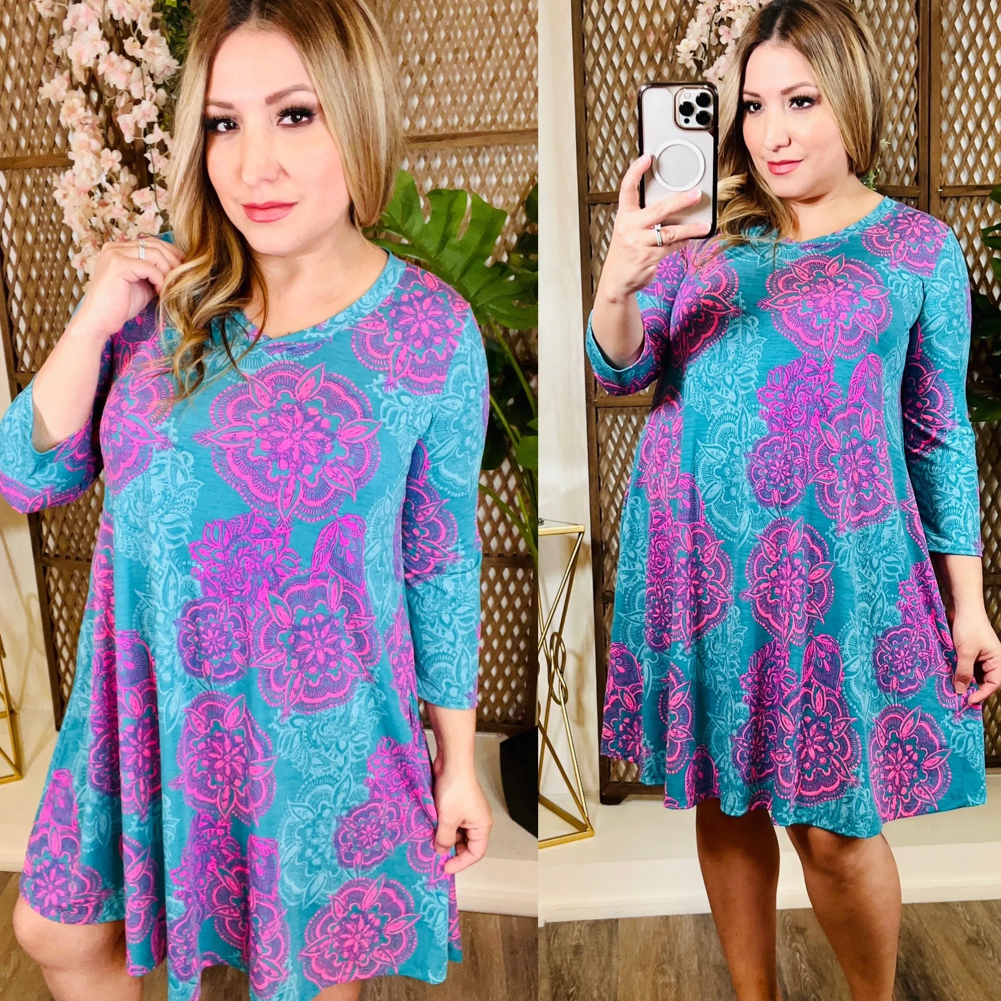 Medallion 3/4 Sleeve Dress.