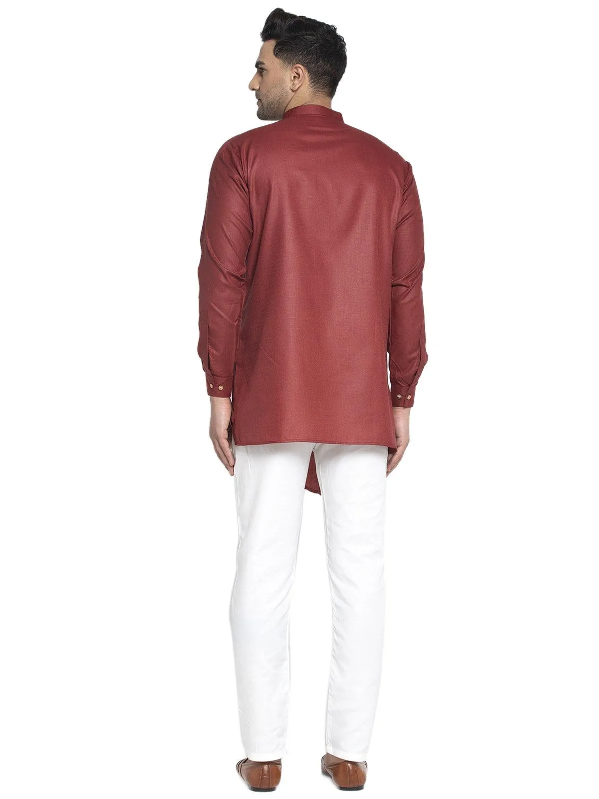 Men's Cotton Maroon Asymmetric Solid Kurta With White Trousers - Benstoke