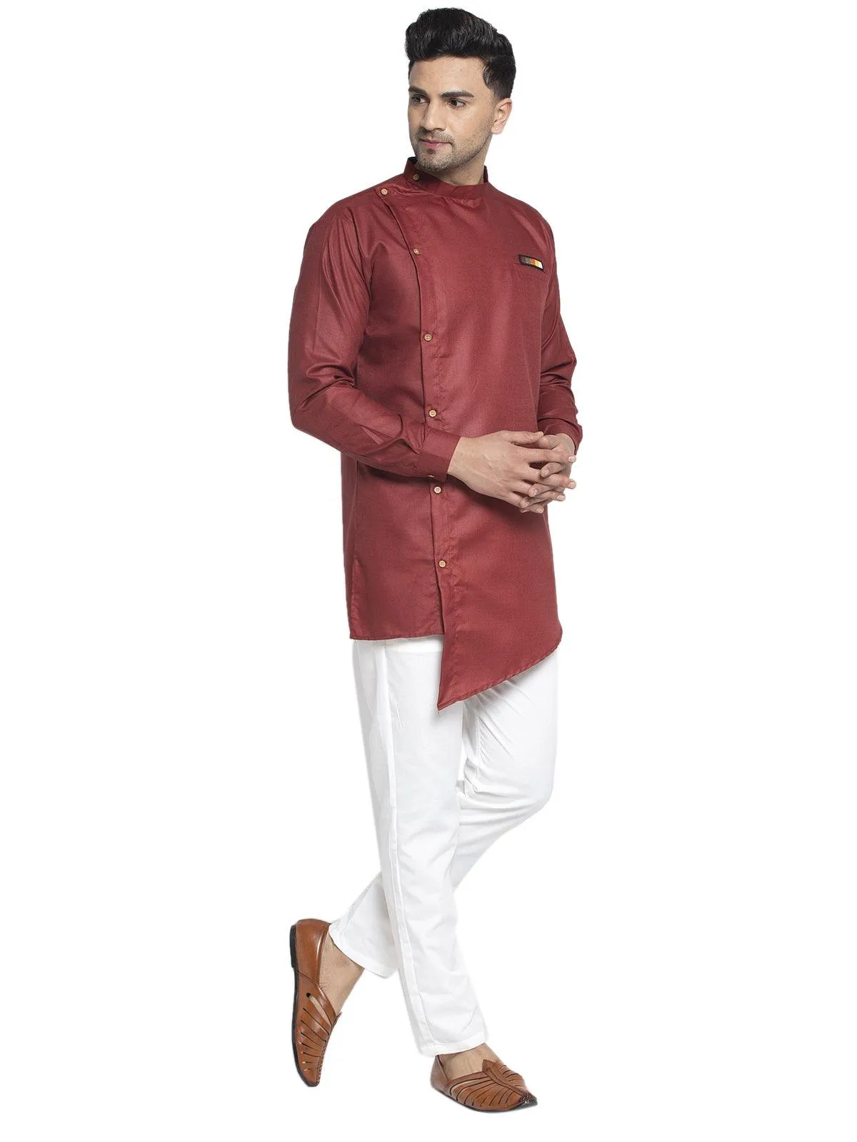 Men's Cotton Maroon Asymmetric Solid Kurta With White Trousers - Benstoke