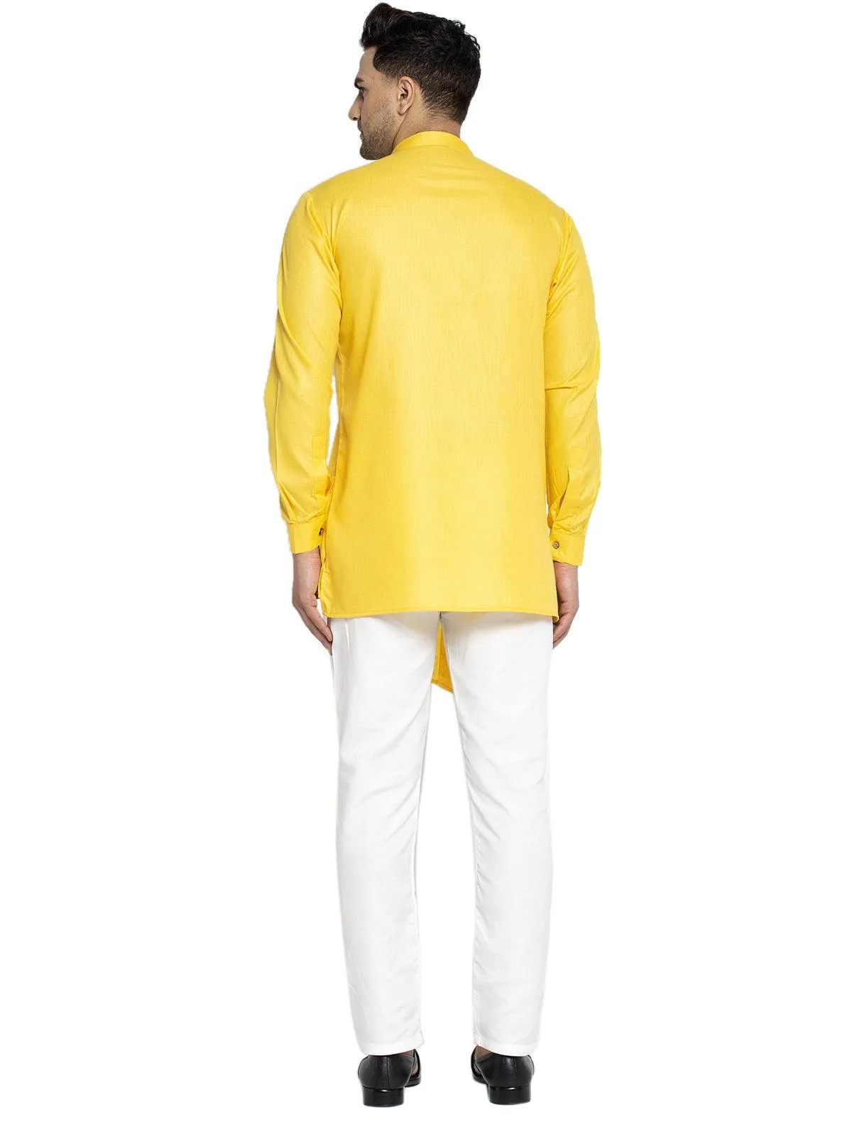 Men's Cotton Yellow Asymmetric Solid Kurta With White Trousers - Benstoke