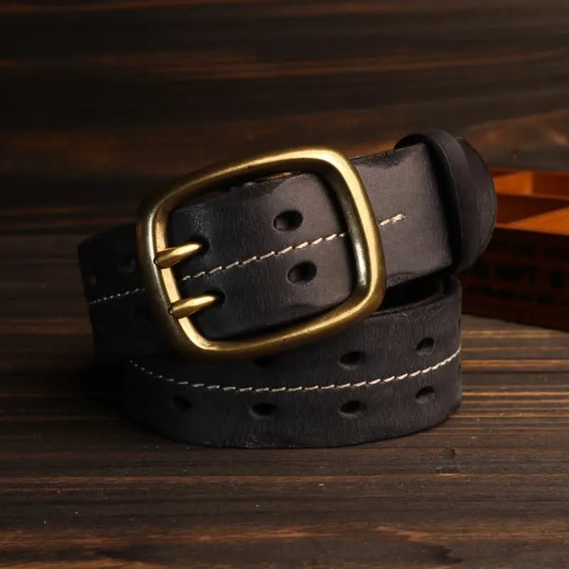 Men's Double Holes Brass Buckle Leather Belt