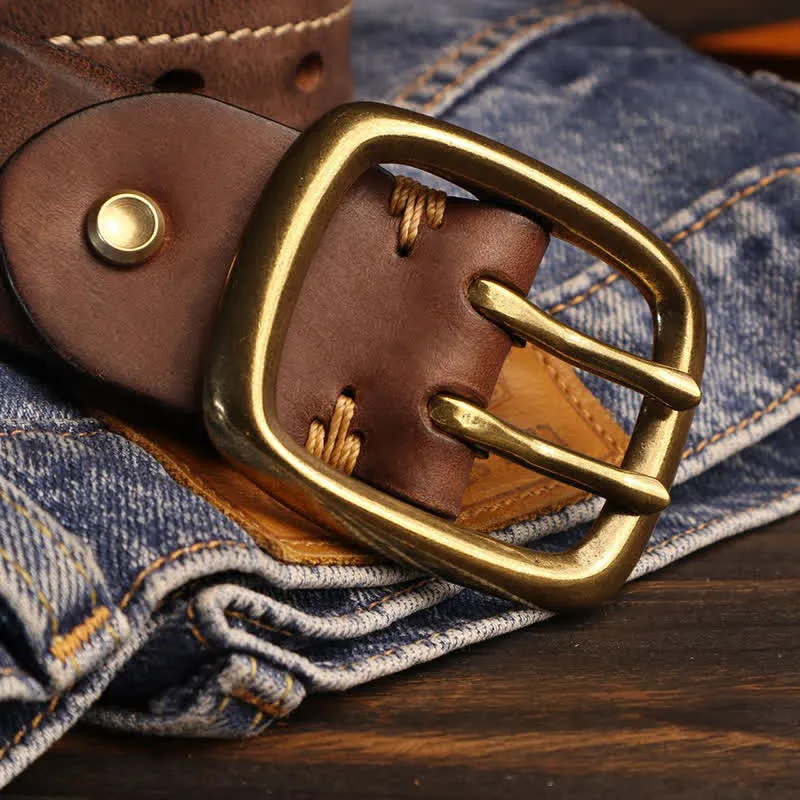 Men's Double Holes Brass Buckle Leather Belt