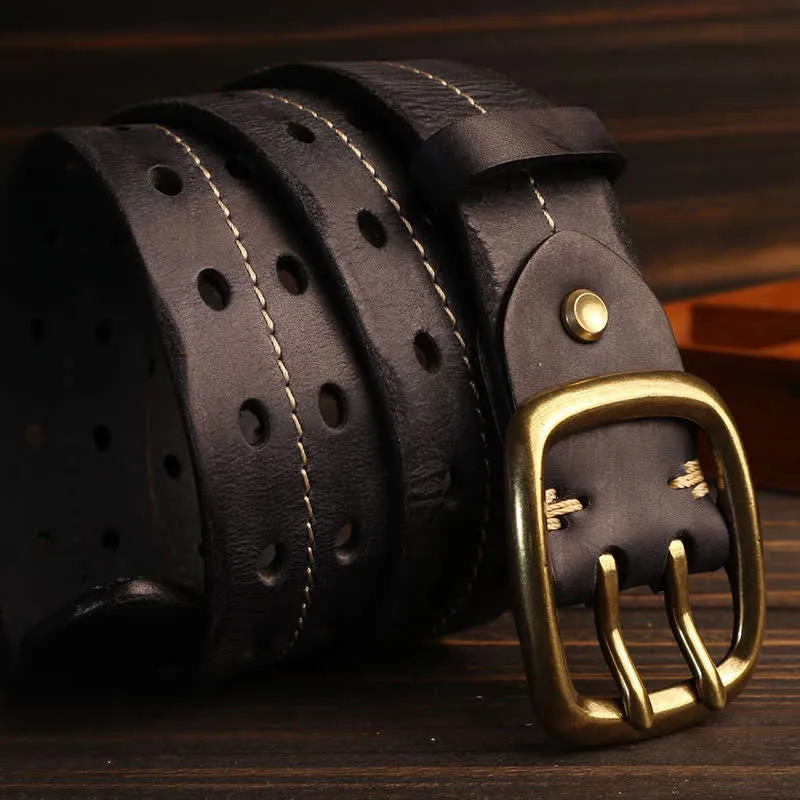 Men's Double Holes Brass Buckle Leather Belt