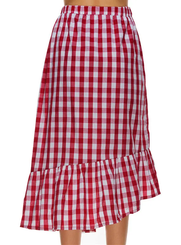 Midi Skirt Women Red White Plaid Empire Long Skirts Ruffled