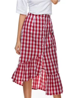 Midi Skirt Women Red White Plaid Empire Long Skirts Ruffled