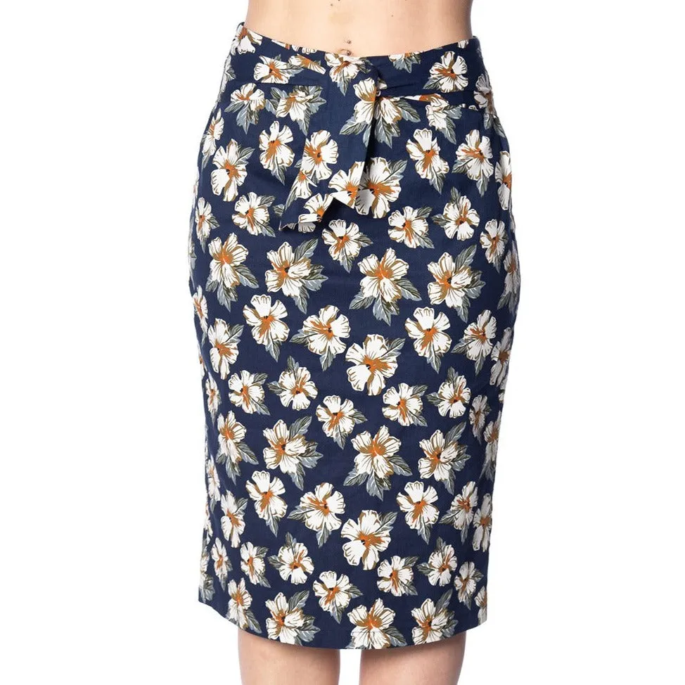 Navy Hawaiian Style Floral Tie-Waist Pencil Skirt