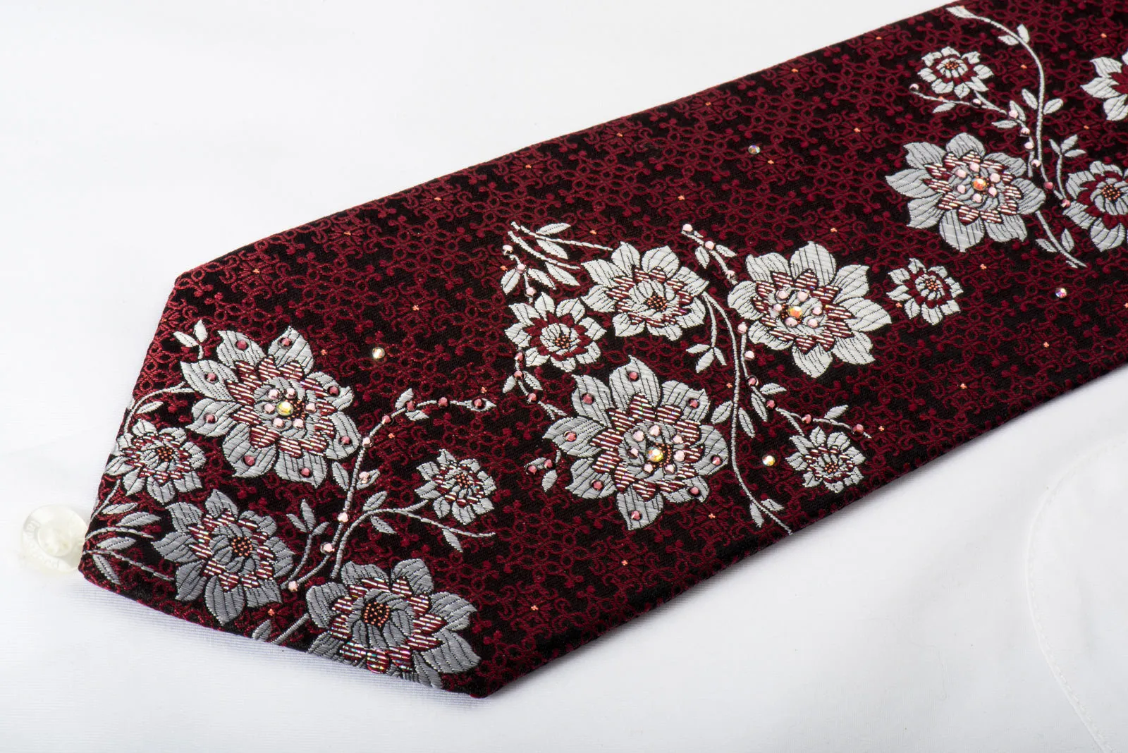 Perry Ellis Rhinestone Silk Necktie Silver Burgundy Floral On Black With Silver Sparkles