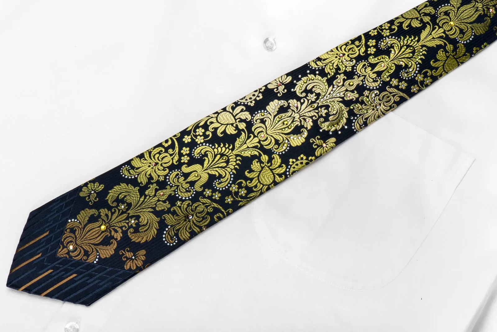 Pierre Cardin Men's Crystal Silk Tie Green Damask On Navy Blue With Silver Sparkles