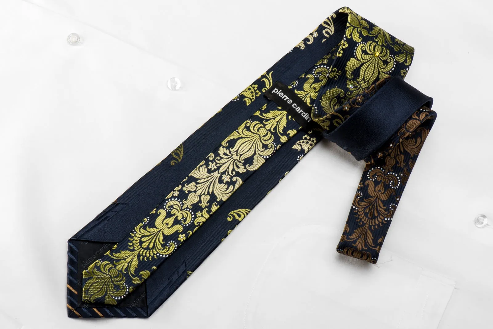 Pierre Cardin Men's Crystal Silk Tie Green Damask On Navy Blue With Silver Sparkles