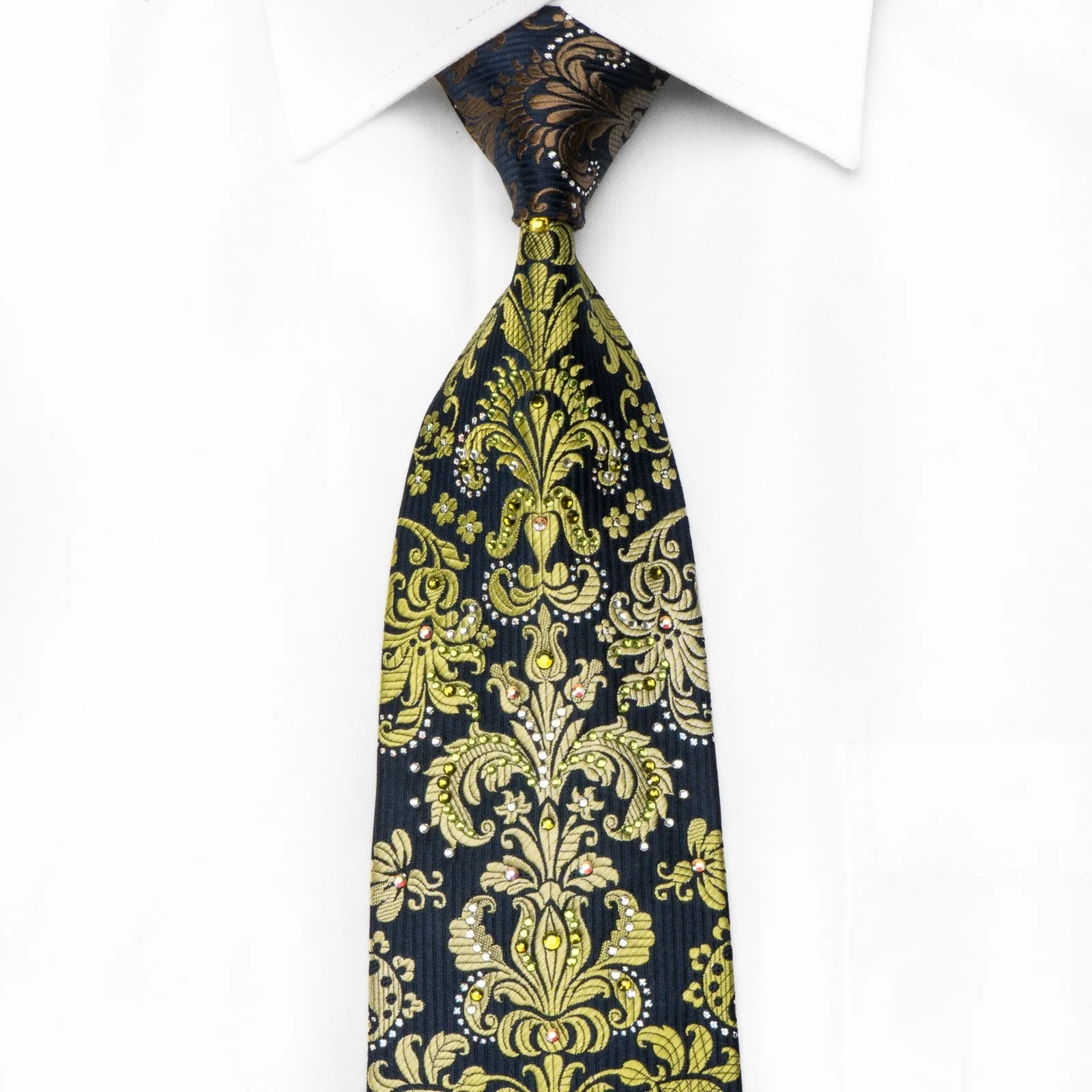 Pierre Cardin Men's Crystal Silk Tie Green Damask On Navy Blue With Silver Sparkles