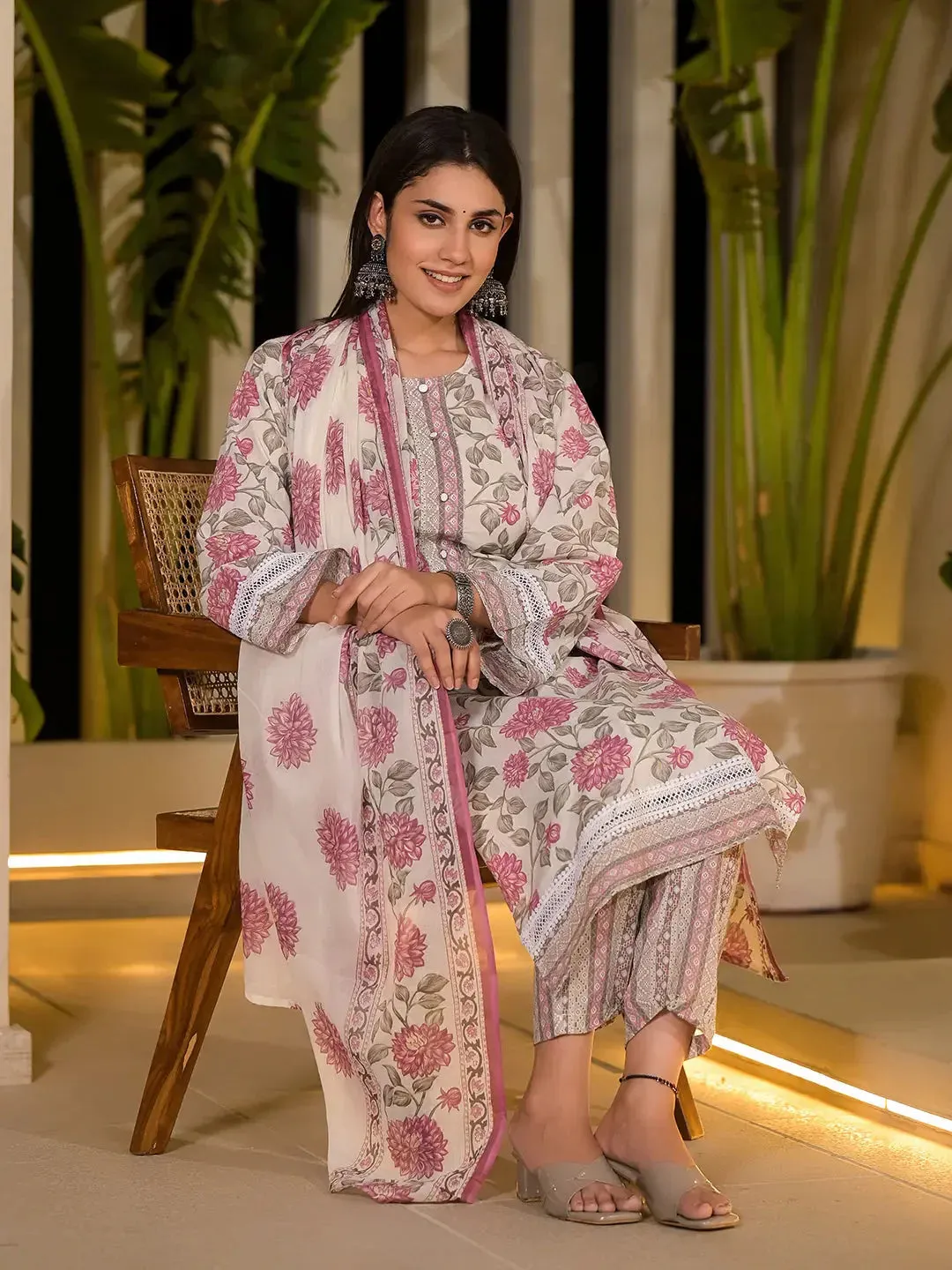 Pink Pure Cotton Floral Print Kurta With Trousers And Dupatta Set