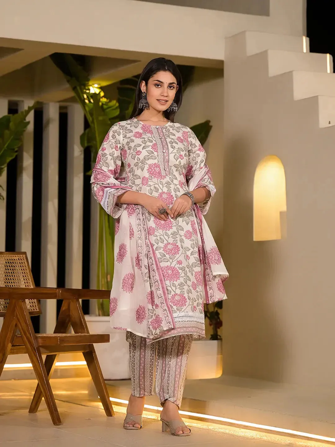 Pink Pure Cotton Floral Print Kurta With Trousers And Dupatta Set