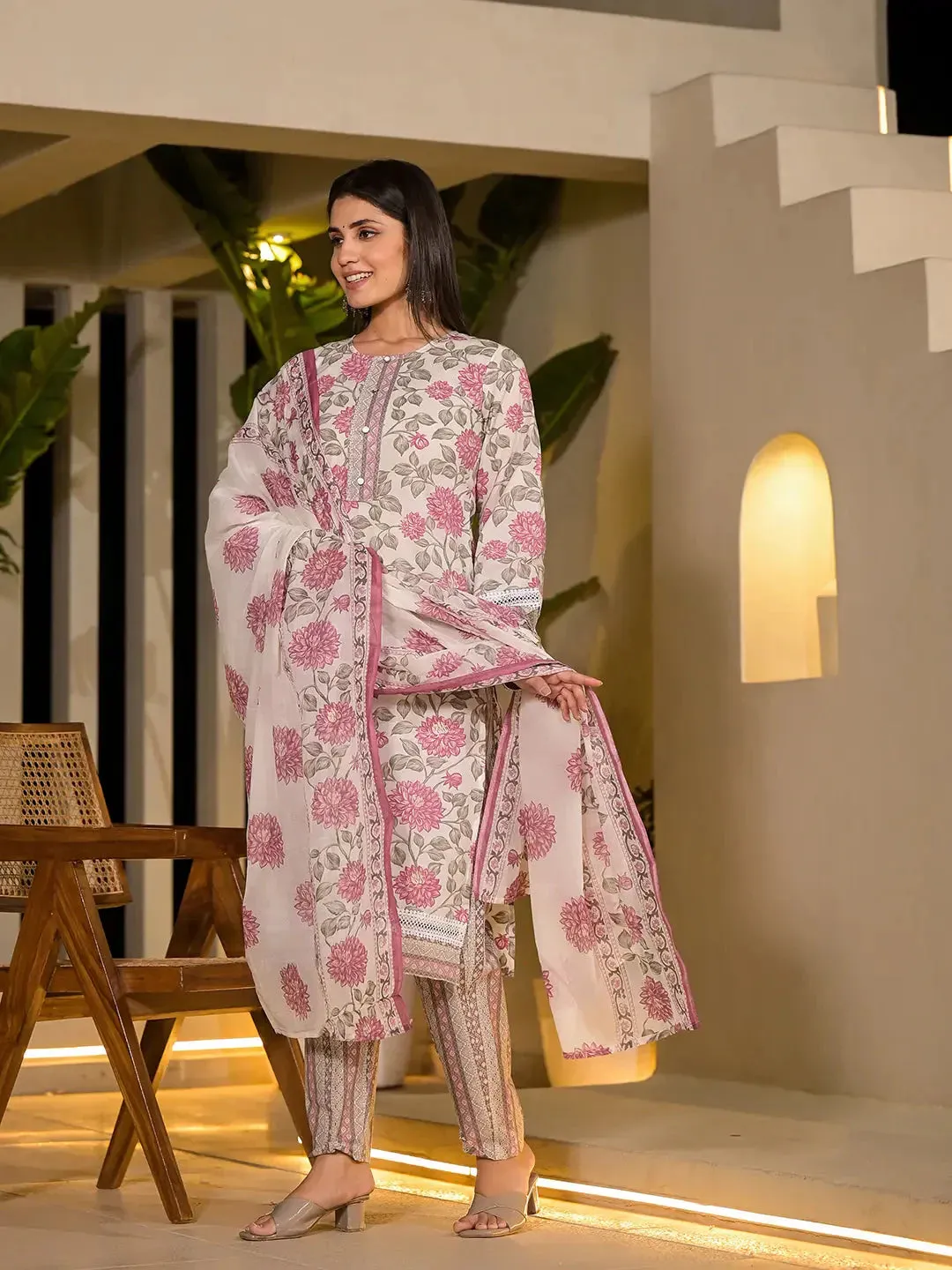 Pink Pure Cotton Floral Print Kurta With Trousers And Dupatta Set