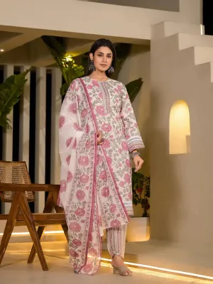 Pink Pure Cotton Floral Print Kurta With Trousers And Dupatta Set