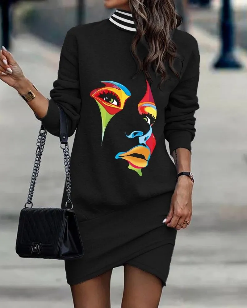 Printed Long Sleeve Turtle Neck Dress (Options)