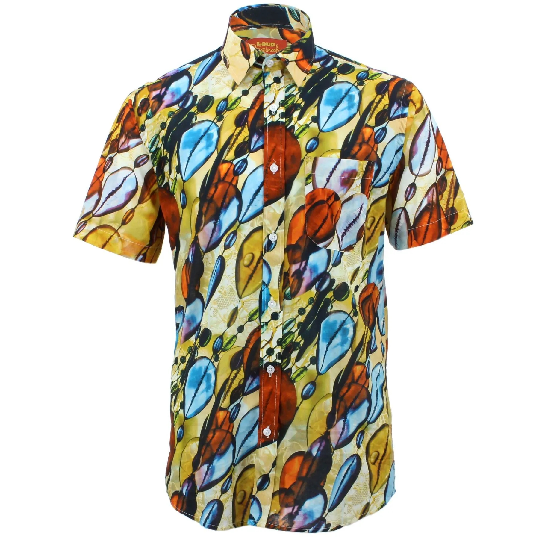 Regular Fit Short Sleeve Shirt - Yellow Blue & Red Glass Beads