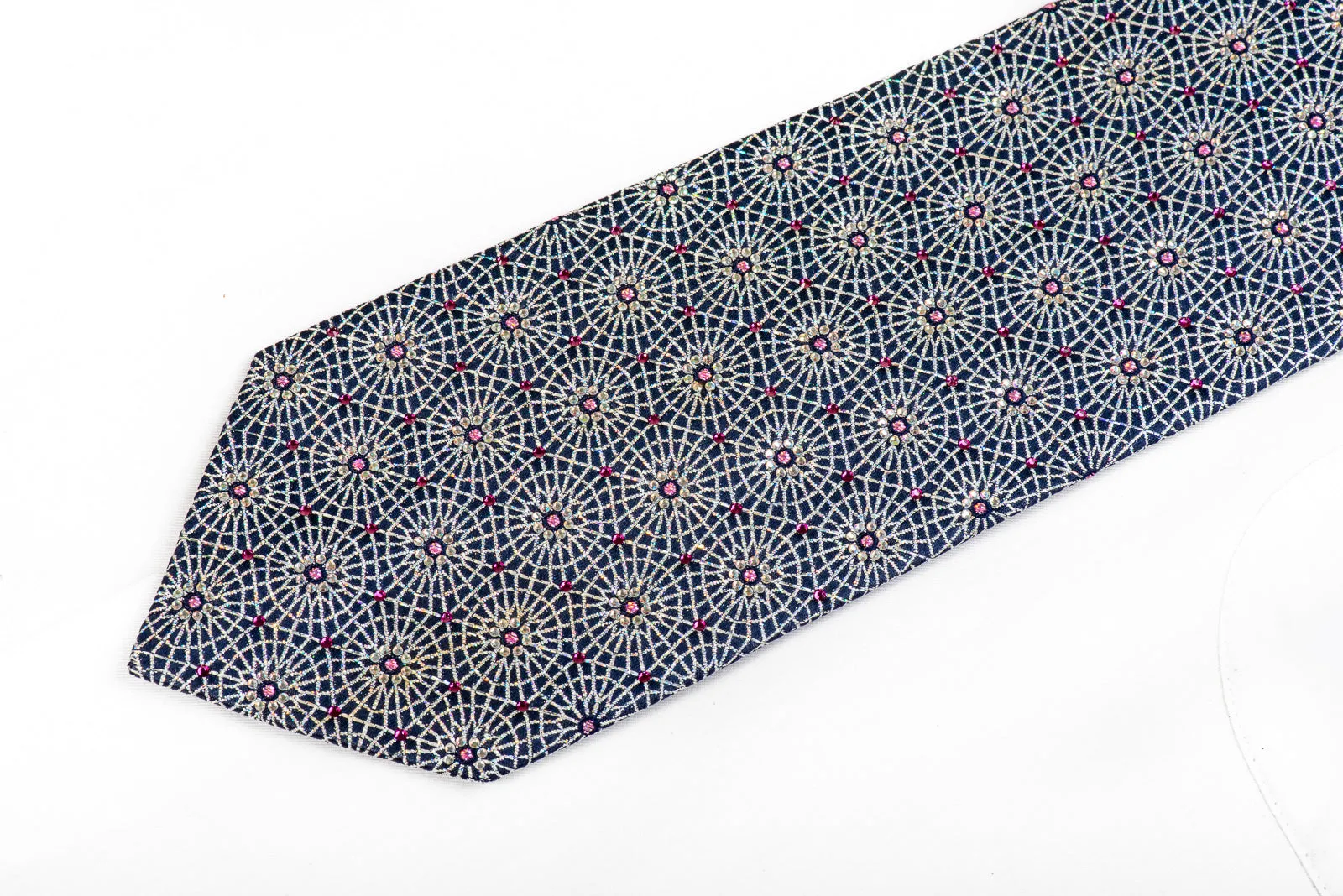 Rhinestone Necktie Silver Trellis on Navy