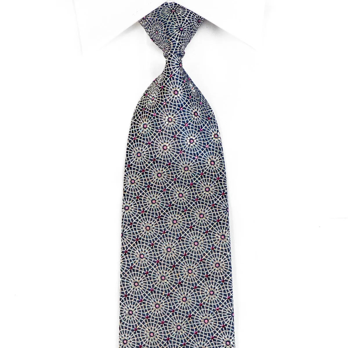 Rhinestone Necktie Silver Trellis on Navy