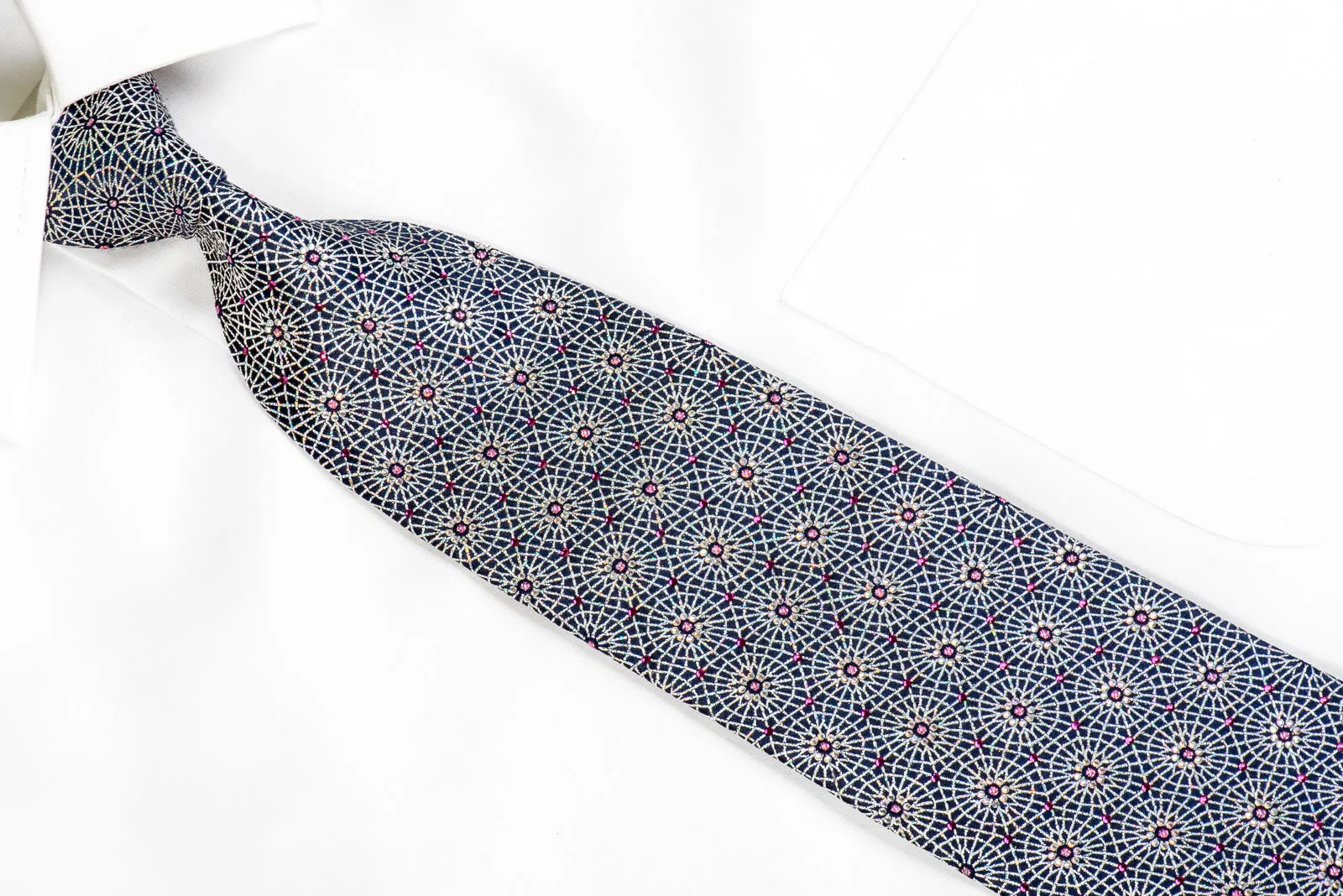 Rhinestone Necktie Silver Trellis on Navy