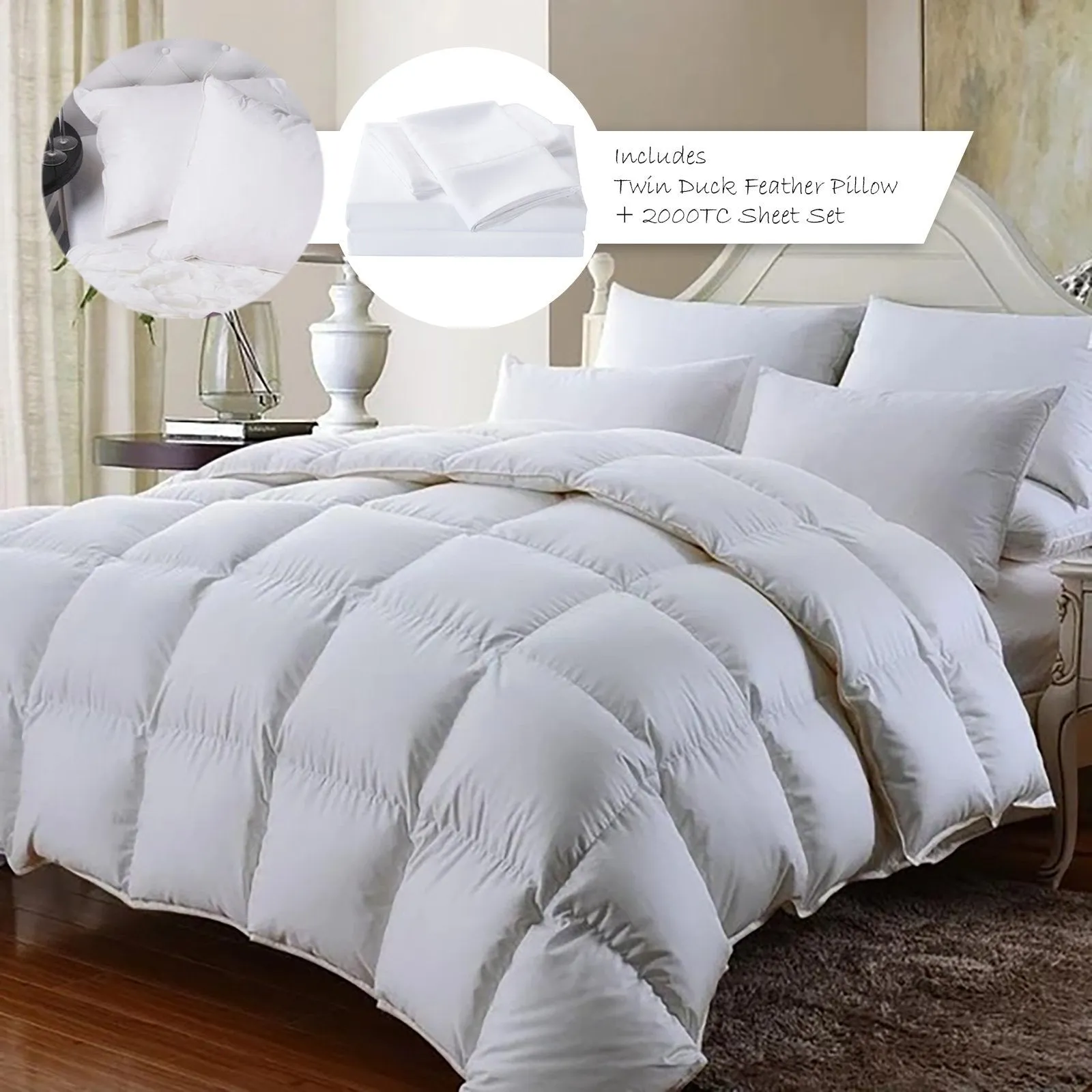 Royal Comfort 350GSM Bamboo Quilt, 2000TC Sheet Set And 2 Pack Duck Pillows Set Double White