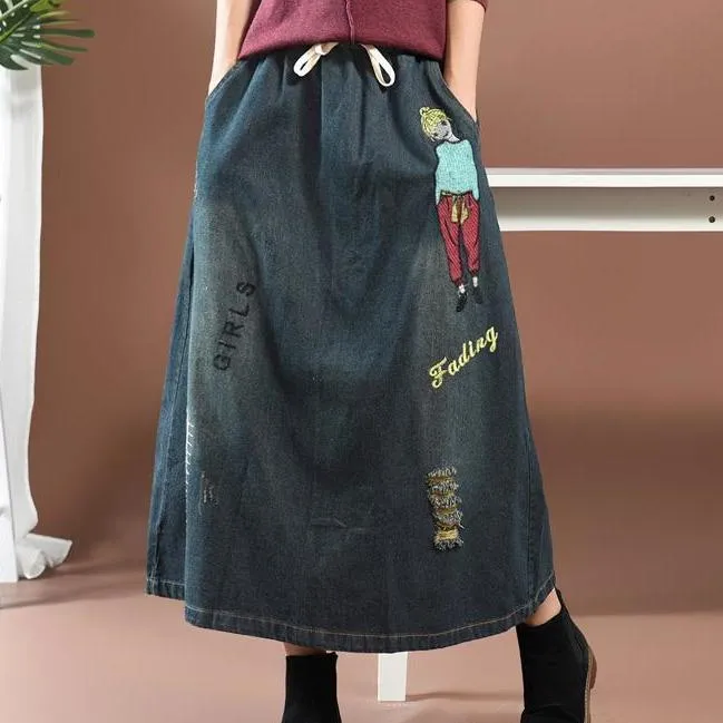 Streetstyle Cartoon Embroidered Denim Skirt