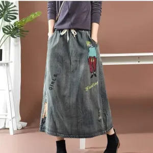 Streetstyle Cartoon Embroidered Denim Skirt