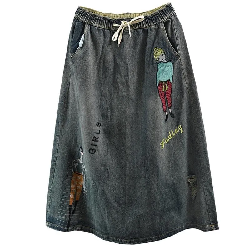 Streetstyle Cartoon Embroidered Denim Skirt