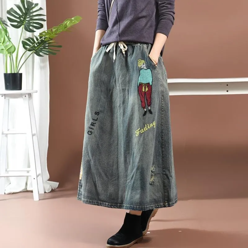 Streetstyle Cartoon Embroidered Denim Skirt