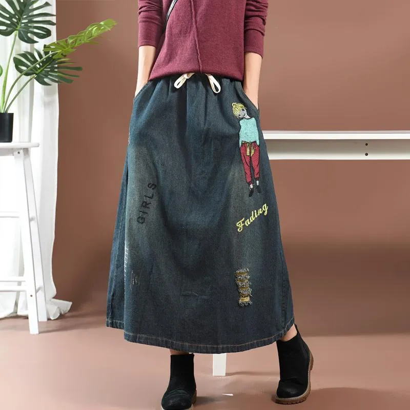 Streetstyle Cartoon Embroidered Denim Skirt