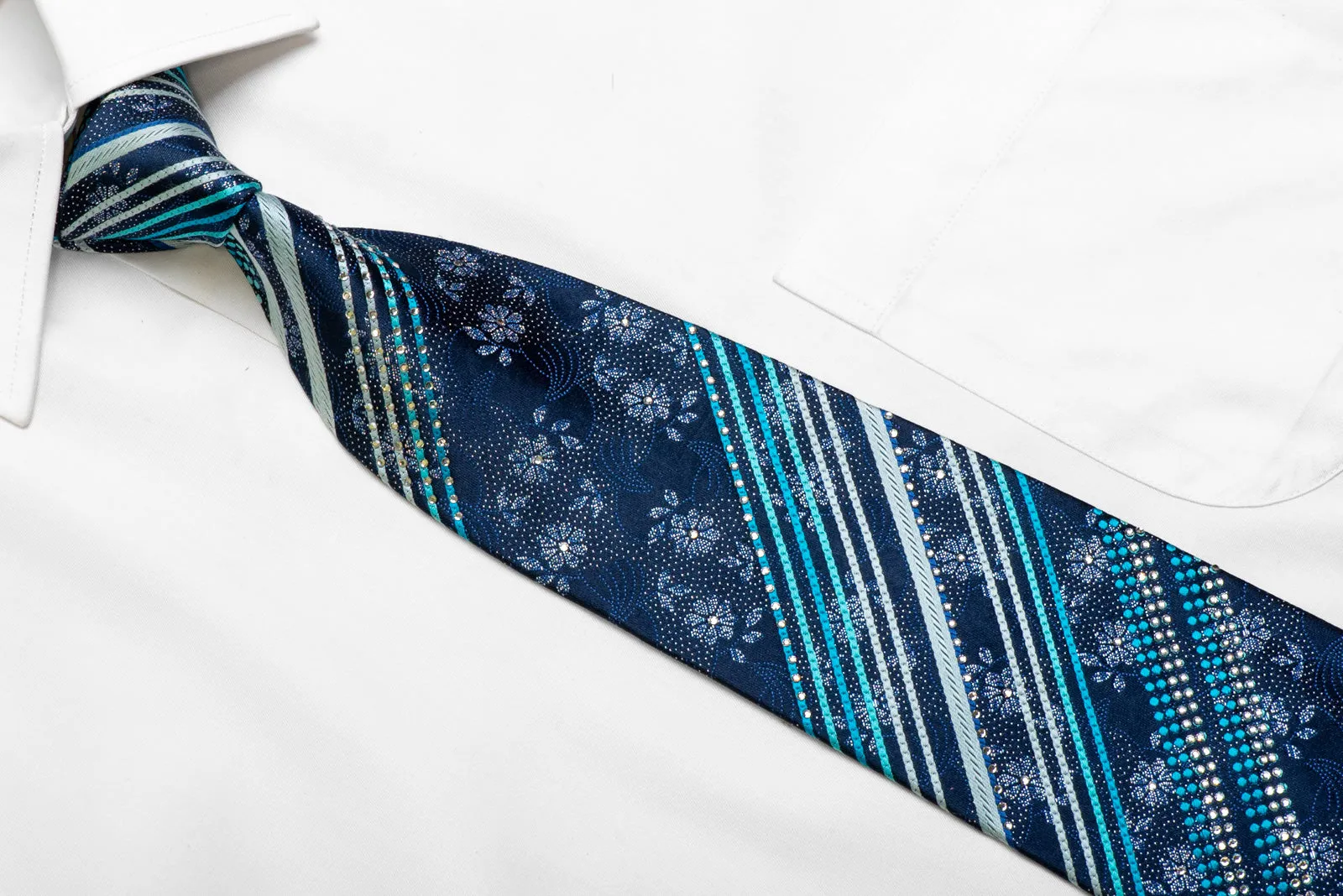 Striped Floral On Navy Rhinestone Silk Necktie With Silver Sparkles