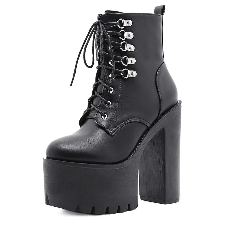 Thanksgiving  Amozae  Ultra High Heels Women Motorcycle Boots Gothic Style   Rivet Black Soft Leather Plaform Chunky Heel Punk Knight Boots