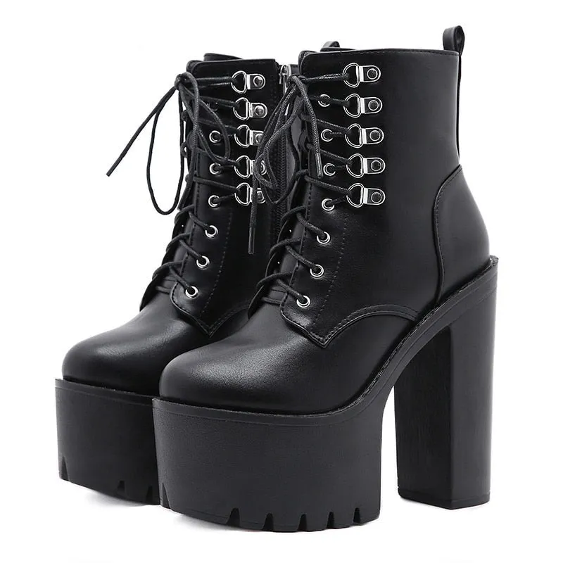 Thanksgiving  Amozae  Ultra High Heels Women Motorcycle Boots Gothic Style   Rivet Black Soft Leather Plaform Chunky Heel Punk Knight Boots