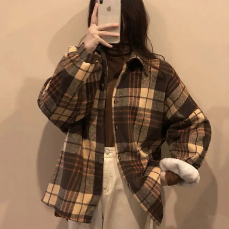 Thick Women Plaid Shirts Long Sleeve Warm Button Up Korean Ladies Tops Vintage Winter Korean Turn Down Collar Female Shirts