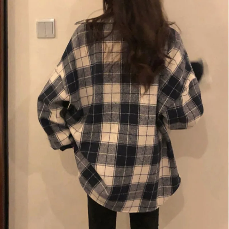 Thick Women Plaid Shirts Long Sleeve Warm Button Up Korean Ladies Tops Vintage Winter Korean Turn Down Collar Female Shirts