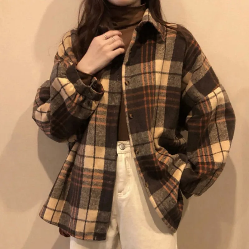 Thick Women Plaid Shirts Long Sleeve Warm Button Up Korean Ladies Tops Vintage Winter Korean Turn Down Collar Female Shirts