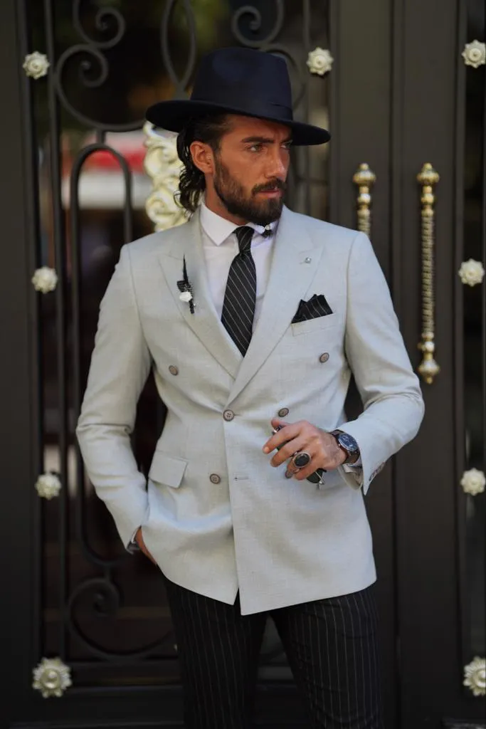 Thread Slim Fit Grey Double Breasted Blazer