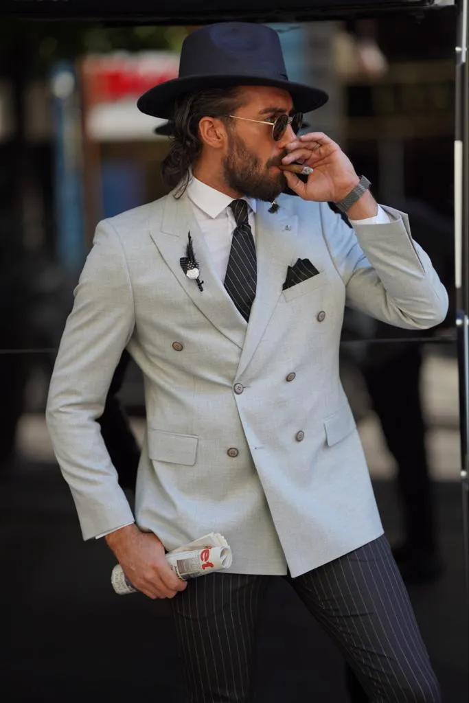 Thread Slim Fit Grey Double Breasted Blazer