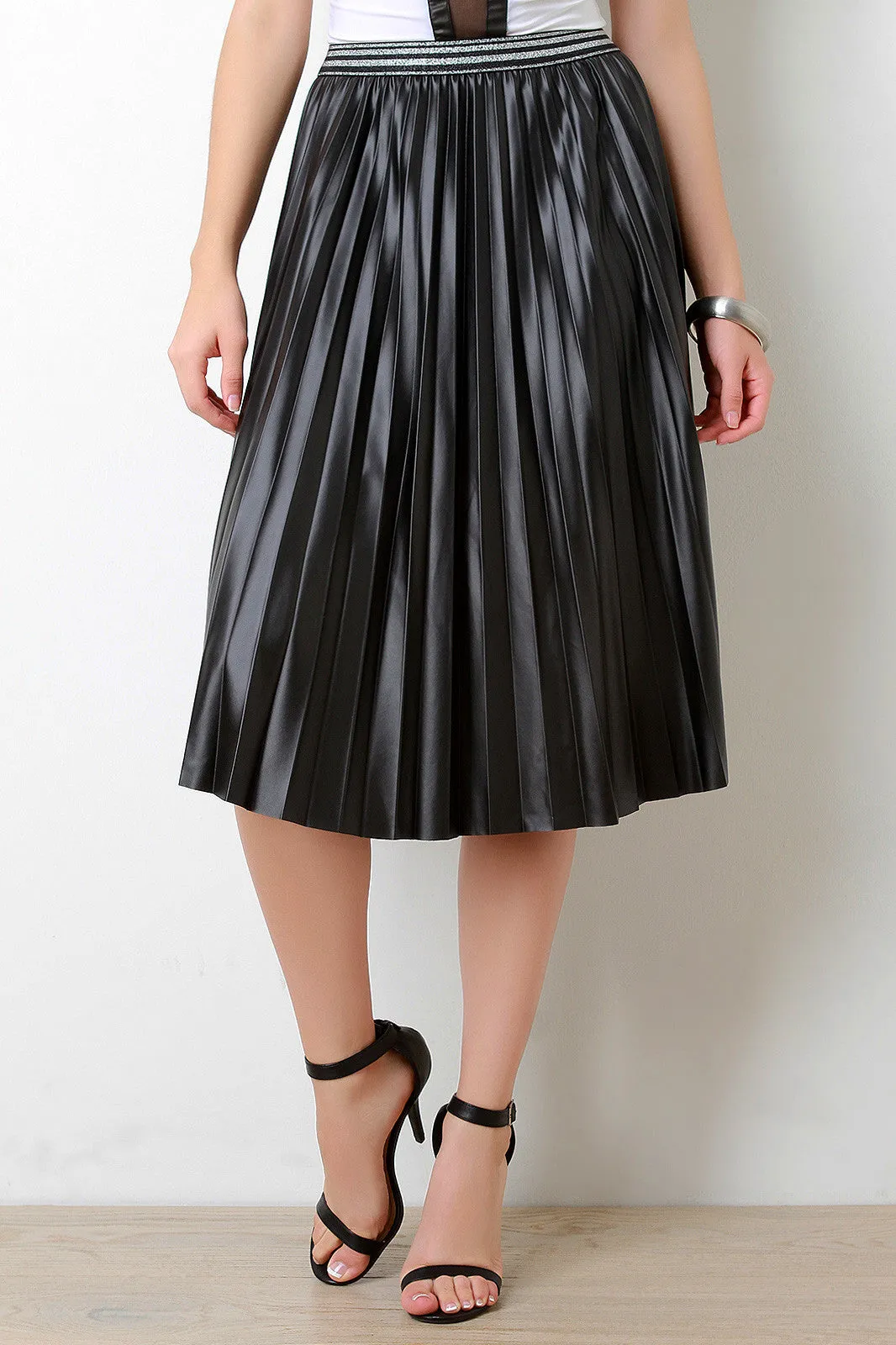 Vegan Leather Accordion Pleating Shimmer Stripes Skirt