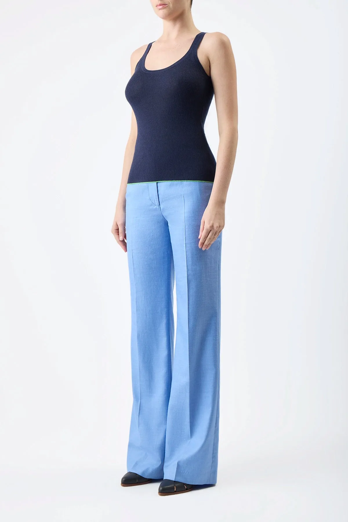 Vesta Pant in Light Blue Virgin Wool and Silk Linen Twill