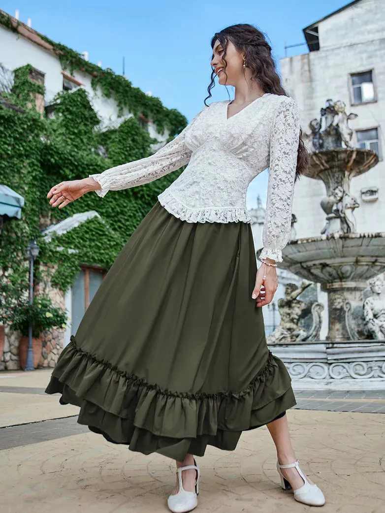 Victorian Dual Layer Ruffled Hem Back Adjustable Skirt