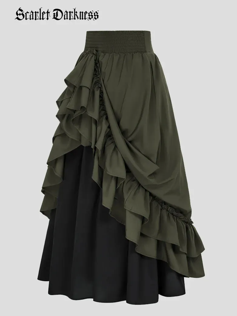 Victorian Dual Layer Ruffled Hem Back Adjustable Skirt