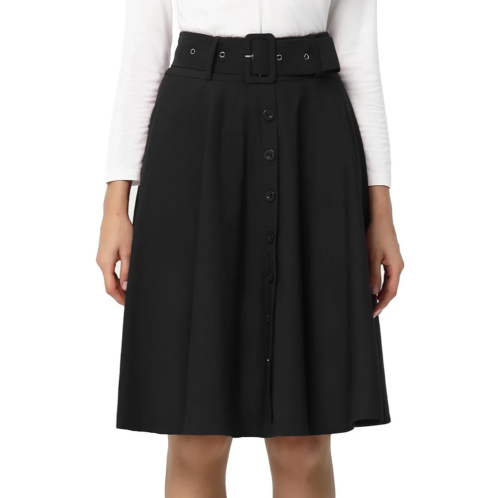 Vintage Stretch High Waist A-Line Flared Midi Skirts with Pockets & Belts