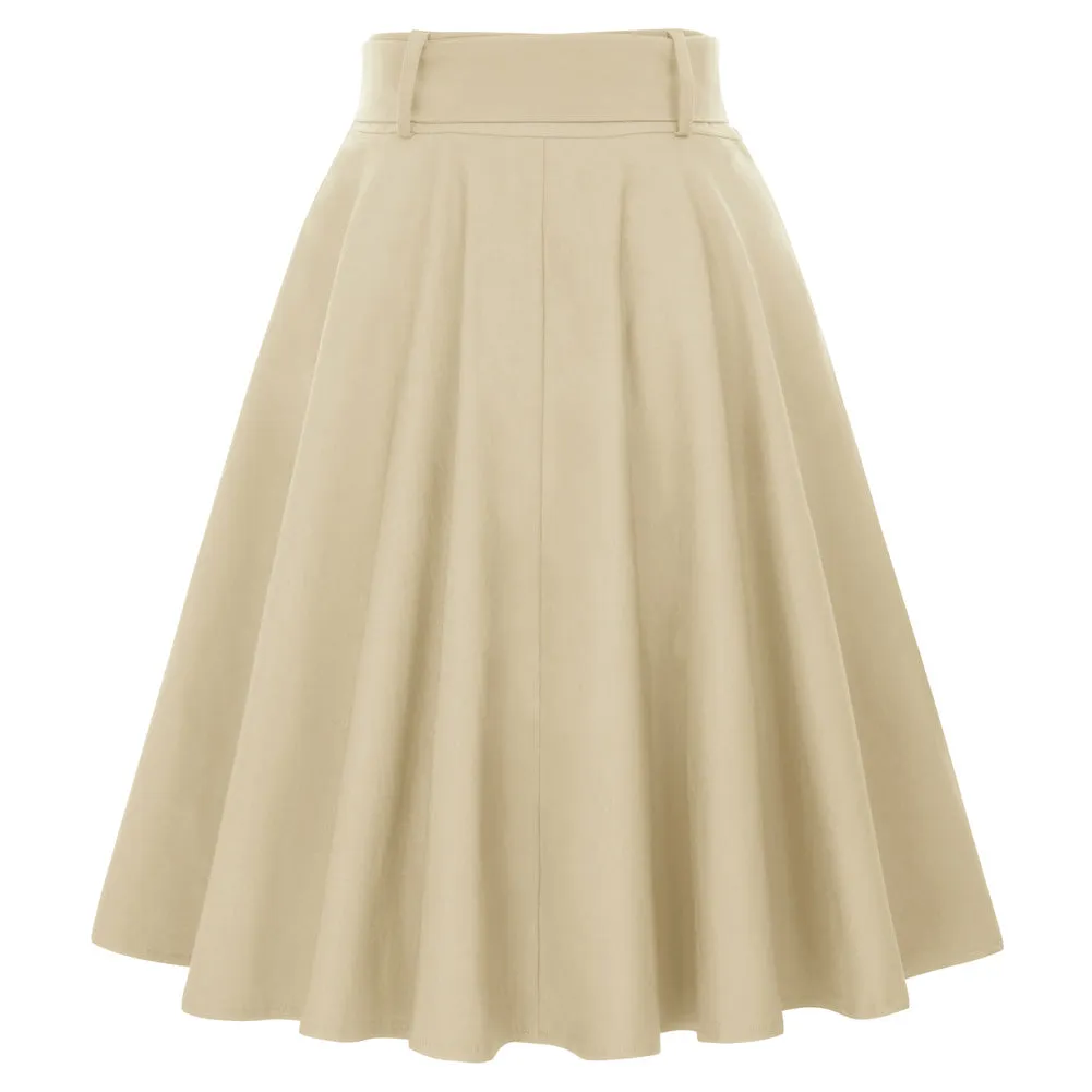 Vintage Stretch High Waist A-Line Flared Midi Skirts with Pockets & Belts