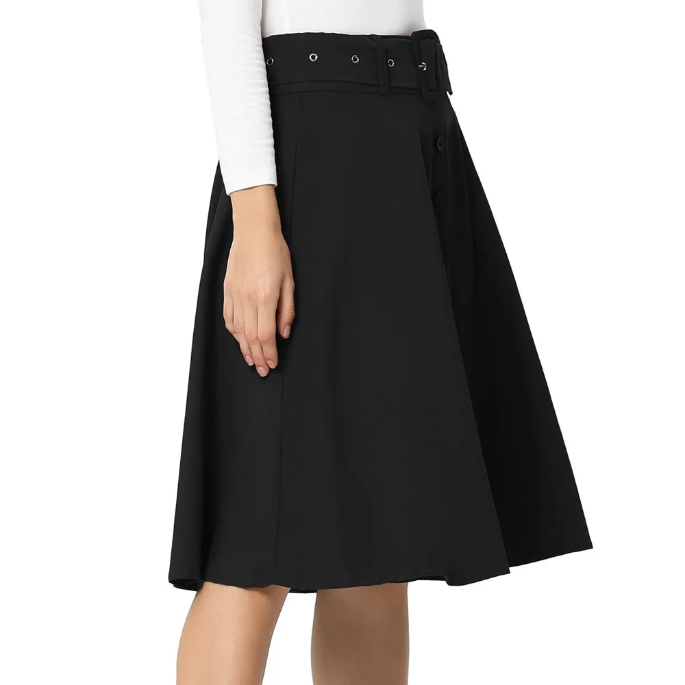 Vintage Stretch High Waist A-Line Flared Midi Skirts with Pockets & Belts