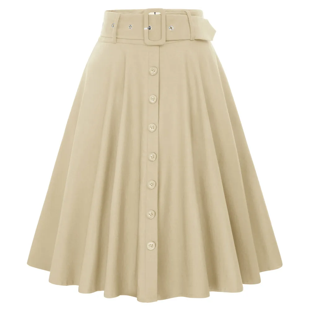 Vintage Stretch High Waist A-Line Flared Midi Skirts with Pockets & Belts