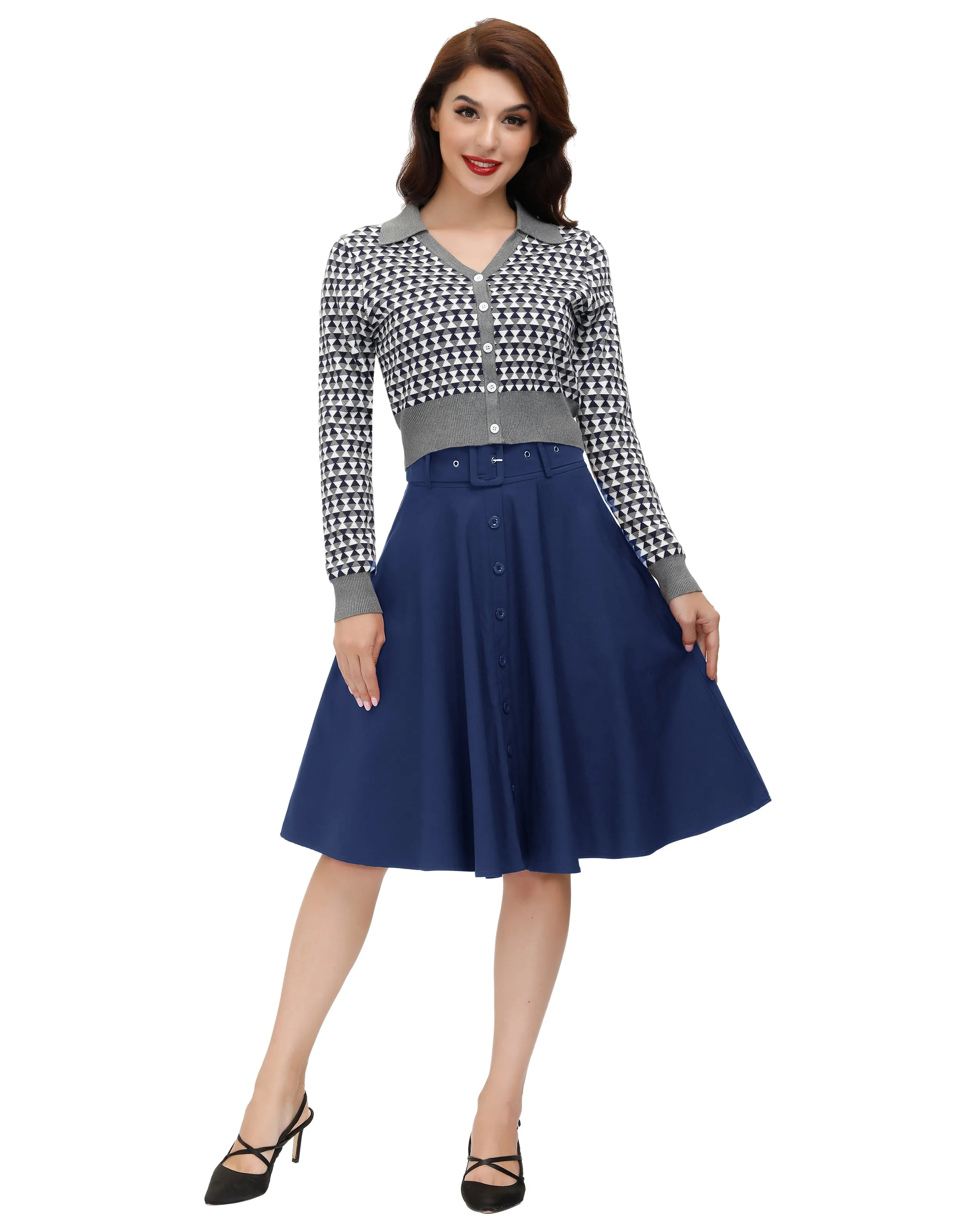 Vintage Stretch High Waist A-Line Flared Midi Skirts with Pockets & Belts