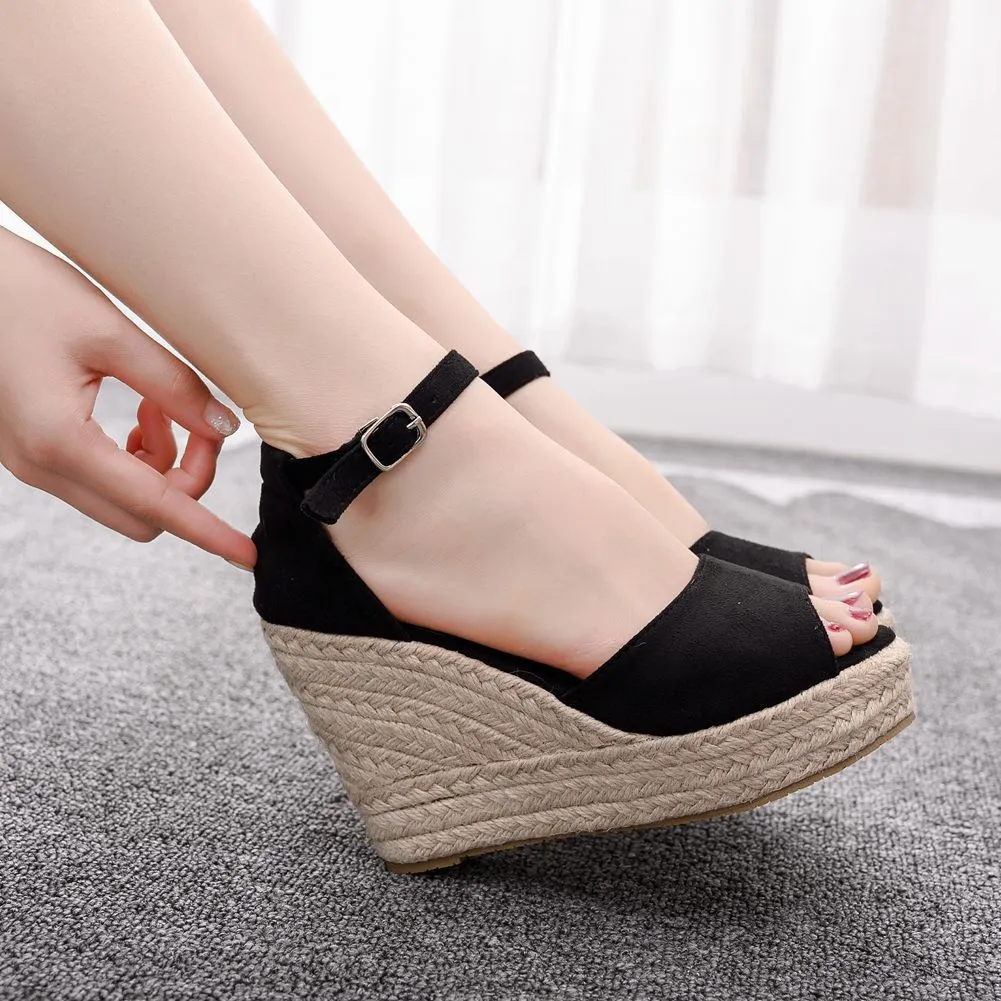 Wedges Shoes For Women Retro Open Toe Ankle Platform Beach White Sandals Plus Size Weave High Heels Buckle-Strap Roman Shoe