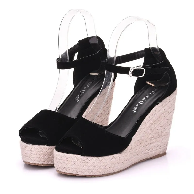 Wedges Shoes For Women Retro Open Toe Ankle Platform Beach White Sandals Plus Size Weave High Heels Buckle-Strap Roman Shoe